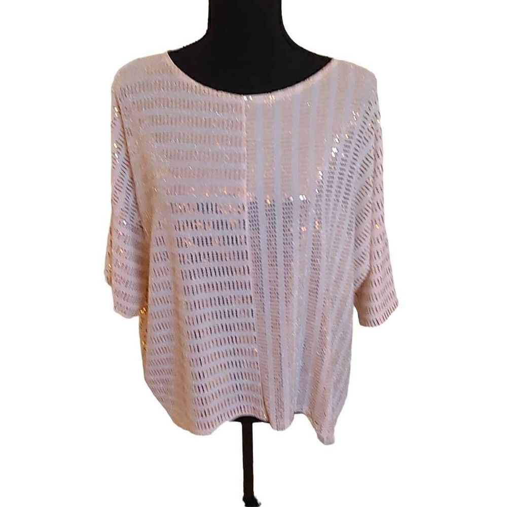 Clara Sun Woo Womens Shiny Sequined Short Sleeved Top